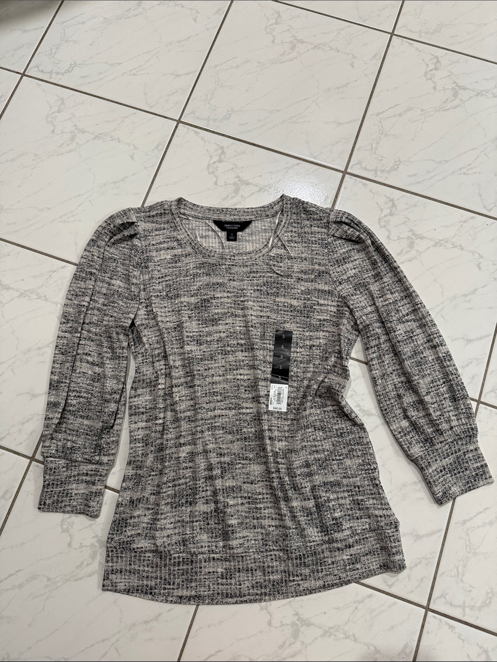Vera Wang Gray Marled Long Sleeve Knit Top with Puff Shoulders